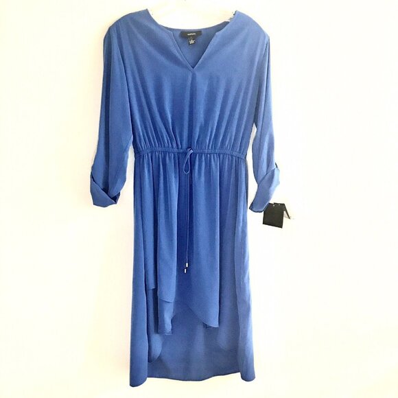 NWT Alfani Fit & Flare Dress 4 Blue Roll Tab Long Sleeves V-Neck High Low Elasti - Picture 1 of 10